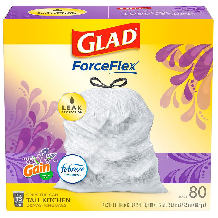 Glad ForceFlex Tall Kitchen Trash Bags Gain Lavender with Febreze, 13  Gallon