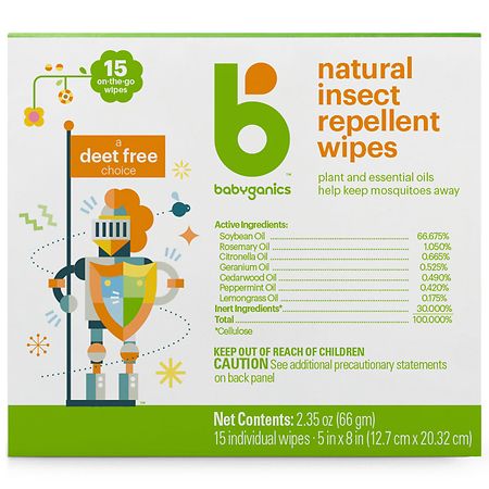 Babyganics Natural Insect Repellent Wipes  a Deet Free Choice  Wipe Dimensions: 5 Inches x 8 Inches  15 Count