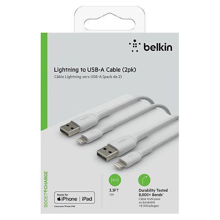 Câble Lightning Vers USB-A Belkin 1m (Pack de 2) - Blanc