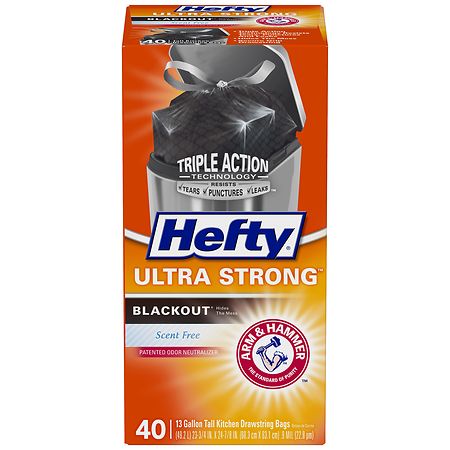 Hefty Ultra Strong Blackout Tall Kitchen Drawstring Trash Bags Scent Free, 13 Gallon