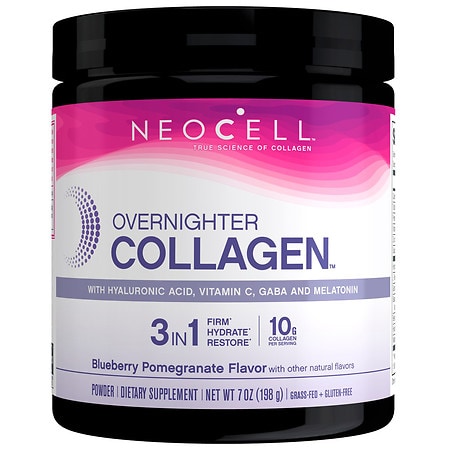 NeoCell Overnighter Collagen Powder with Hyaluronic Acid, Vitamin C, GABA and Melatonin Blueberry Pomegranate