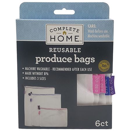 Complete Home Set of 6 re-useable produce bags white with assorted color tabs