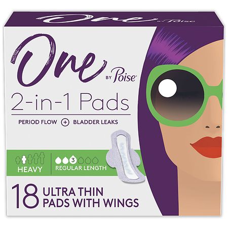 One by Poise Feminine Pads with Wings (2-in-1 Period & Bladder Leakage Pad for Women) Heavy (18 ct)