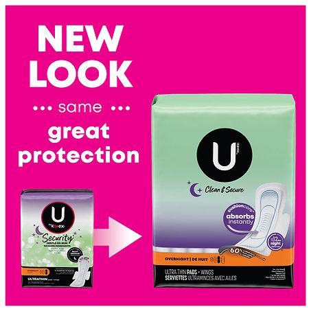 U by Kotex Clean & Secure Ultra Thin Pads with Wings Overnight (28