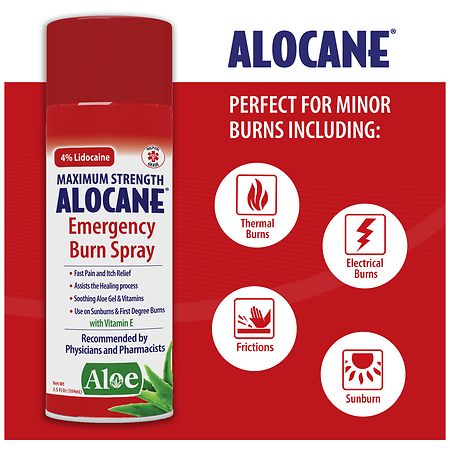  ALOCANE Emergency Burn Spray, 4% Lidocaine Max Strength Fast  Pain Itch Relief for Minor Burns, Sunburn, Kitchen First Aid Treatment Burn  Care, 4 Fl Oz : Health & Household
