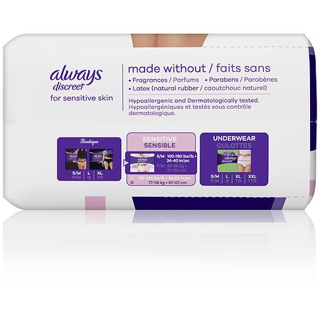 Always Discreet for Sensitive Skin Underwear, Four Times Skin Protection,  Dermatologically Tested, Fragrance-Free, Maximum Absorbency S/M, 28CT
