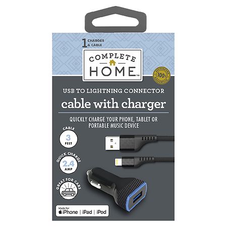 Complete Home Single USB Charger with 3 ft Lightning Cable