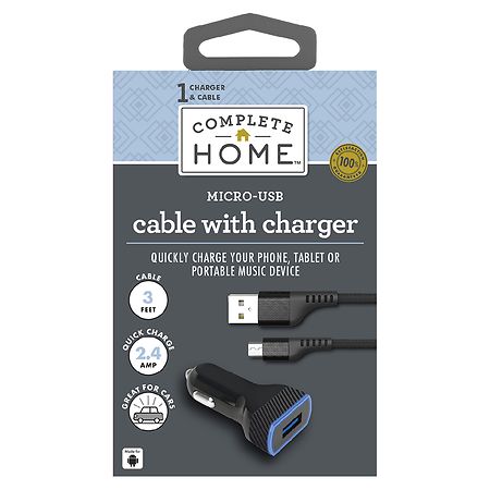 Complete Home Single USB Charger with 3 ft Micro USB