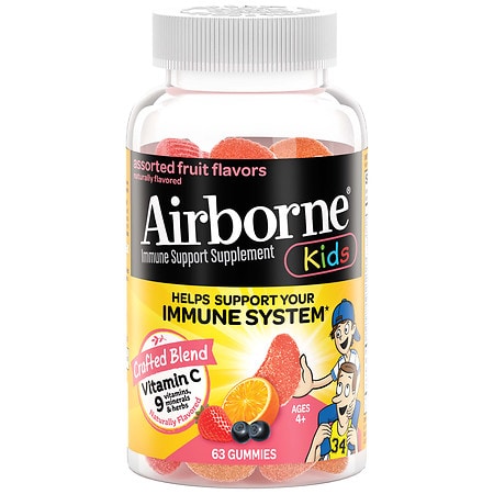 Airborne Vitamin C, E, Zinc, Minerals & Herbs Kids Immune Support Supplement Gummies Assorted Fruit