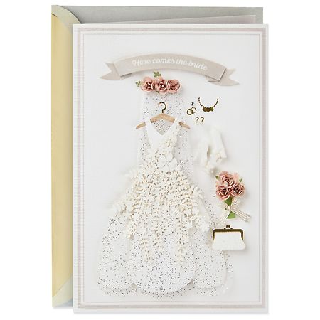Hallmark Signature Bridal Shower Card (Here Comes the Bride Gown and Flowers) E46