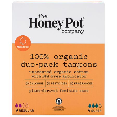 The Honey Pot Duo Pack Organic Bio-Plastic Applicator Tampons Unscented, Regular Absorbency