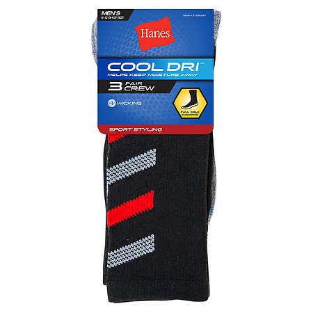 Hanes Men's Cool Dri Crew Socks Black, Black