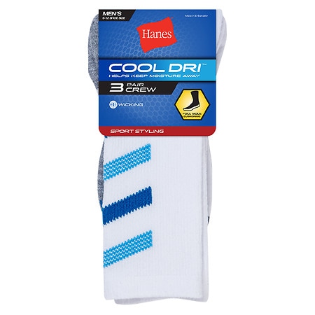 Hanes Men's Cool Dri Crew Socks White, White
