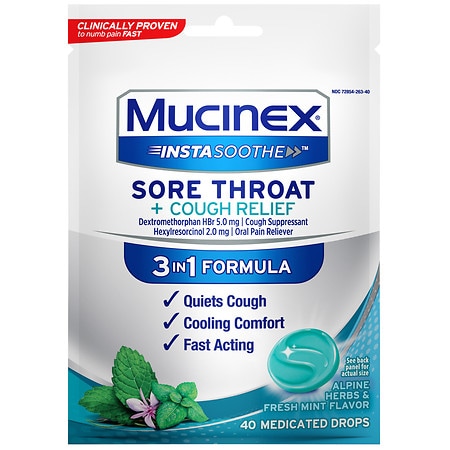 Mucinex InstaSoothe Sore Throat + Cough Relief Alpine Herbs & Mint Drops