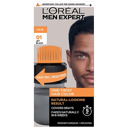 L'Oreal Paris Men's Expert Easy Apply One-Twist Permanent Men's Hair Color, Gray Coverage Jet Black 01