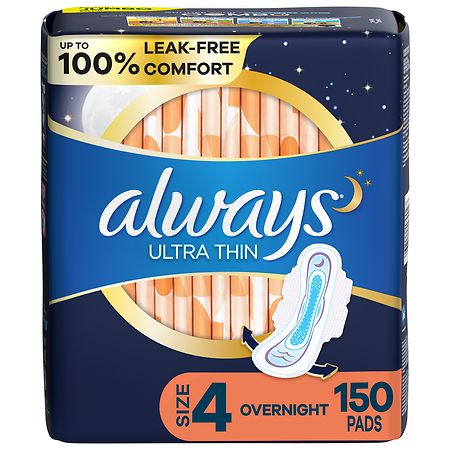 Always Ultra Thin Pads, Overnight, With Wings Unscented, Size 4