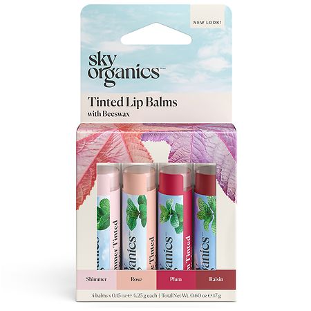 Sky Organics Organic Tinted Lip Balms Variety Pack Shimmer, Rose, Plum, Raisin