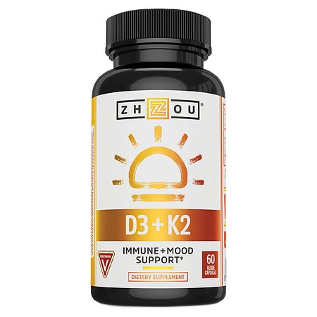 Zhou Nutrition Vitamin D3 K2 Bone and Heart Health Formula 5000 IU Vitamin D3 & 100 mcg Vitamin K2 Max Strength 2 in 1 Immune Support and Calcium Absorption Gluten Free 60 Count