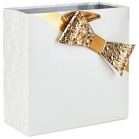 Hallmark Large Square Gift Bag, Gold Bow Tie on White