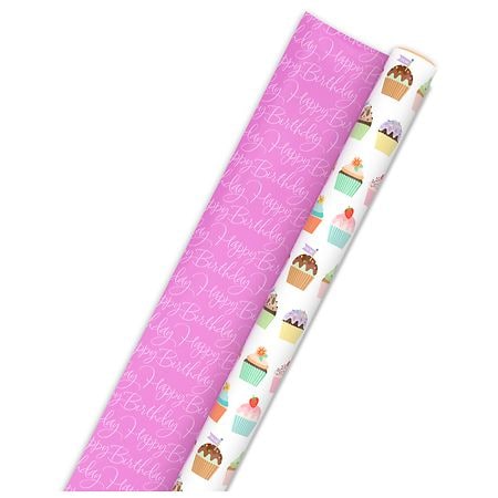 Hallmark Reversible Wrapping Paper, Cupcakes/Pink Happy Birthday