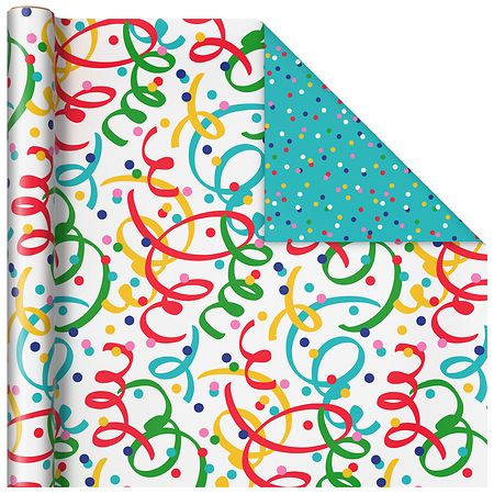 Hallmark Reversible Wrapping Paper, Blue Happy Birthday/Red With Dots