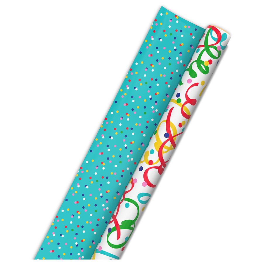 Hallmark Reversible Wrapping Paper, Streamers/Polka Dots on Blue