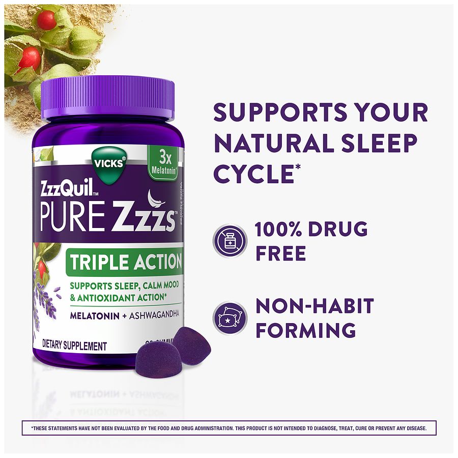 Vicks Triple Action Melatonin Gummies, Sleep Aid with Ashwagandha