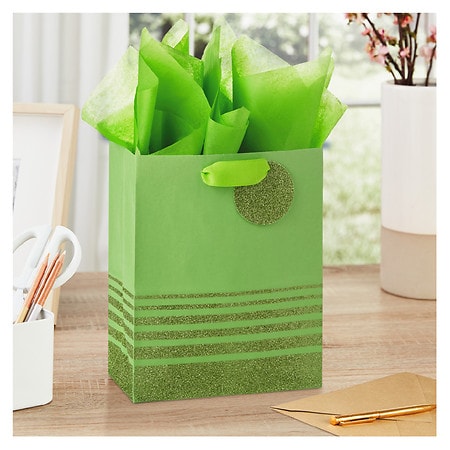 Hallmark Signature 7 Medium Christmas Gift Bag with Tissue Paper (Hunter Green and Gold Tree, Happy Holidays) with Foil, Glitter, Metal Handle