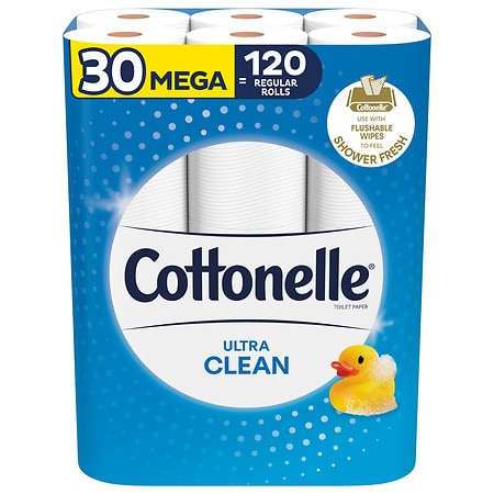 Cottonelle Ultra Clean Toilet Paper, Mega Rolls, Strong Bath Tissue 30 Mega Rolls equals 120 Regular Rolls