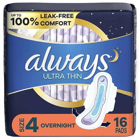 Always Ultra Thin Overnight Pads with Flexi-Wings, Overnight Unscented, Size 4 (ct16)