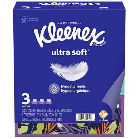 Kleenex Ultra Soft Facial Tissues, 3 Thick Layers for Softness & Strength,  Hypoallergenic, 4 Flat Boxes, 120 White Tissues per Box, 3-Ply (480 Total)  
