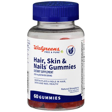 Walgreens Free & Pure Hair, Skin & Nails Gummies Natural Strawberry