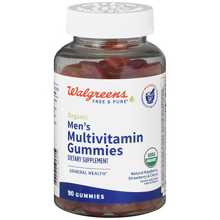 Walgreens Free & Pure Organic Men's Multivitamin Gummies Natural Raspberry, Strawberry & Cherry