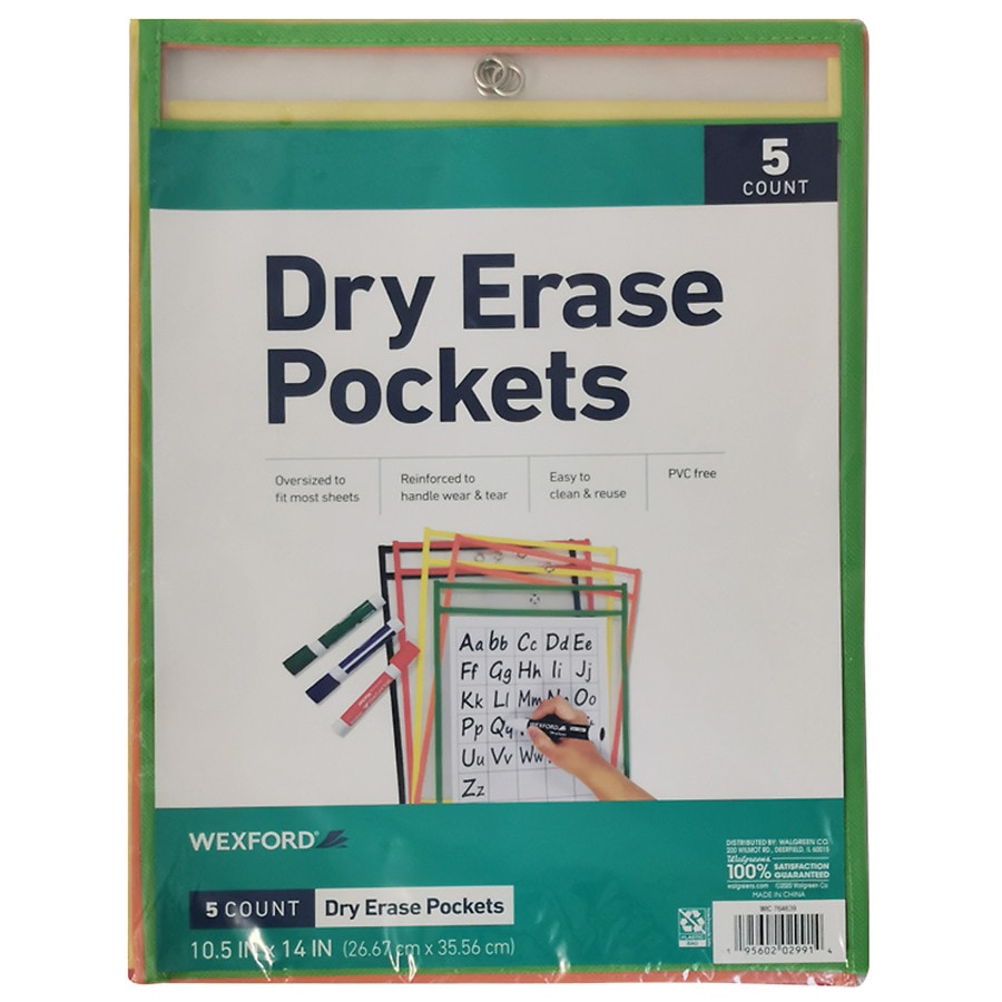 Reusable Dry Erase Pockets, Primary Colors, 9 x 12, Pack of 10