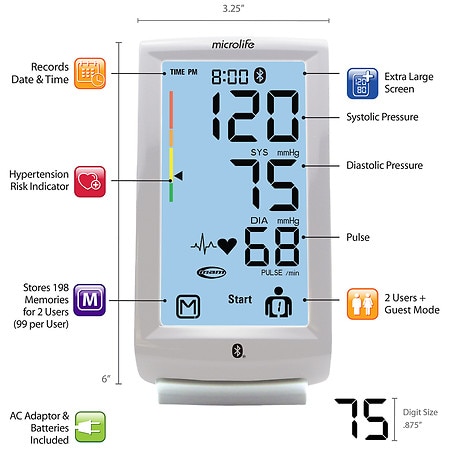 Microlife BPM8 Bluetooth Blood Pressure Monitor, Upper Arm Cuff, Digital,  Bluetooth Connectivity, Free Health App, Illuminated Touch Screen, Stores  240 Readings for 2 Users (120 Readings Each) : Health & Household 
