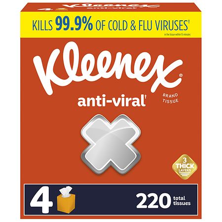 Kleenex Anti-Viral Facial Tissues, 3-Ply 55 Tissues per Box (220 Total Tissues)