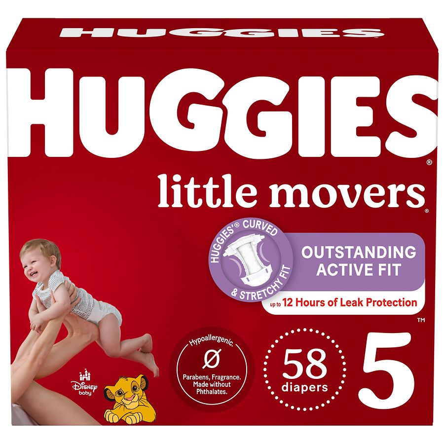 Huggies Little Movers Baby Diapers Unscented, Size 5 (27+ lbs)