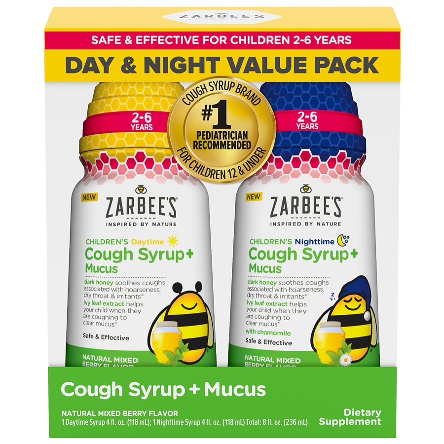 Zarbee's Children's Cough Syrup + Mucus Day & Night Value Pack, 2-6 Years Natural Mixed Berry