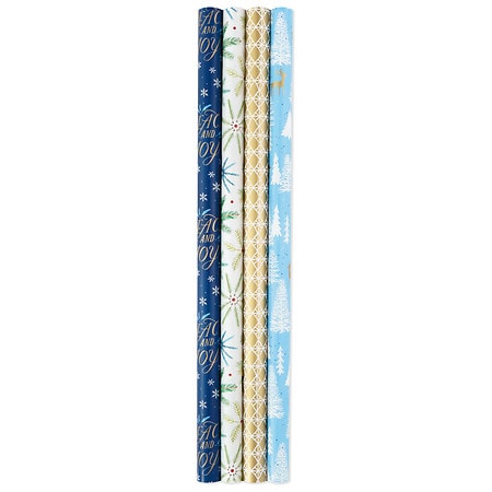 Hallmark Holiday Wrapping Paper Bundle with Cut Lines on Reverse, Elegant Woodland (Pack of 4, 120 sq. ft. ttl) Peace and Joy, Deer, Pinecones, Snowflakes, Blue, Gold (B07T5WLL6R)