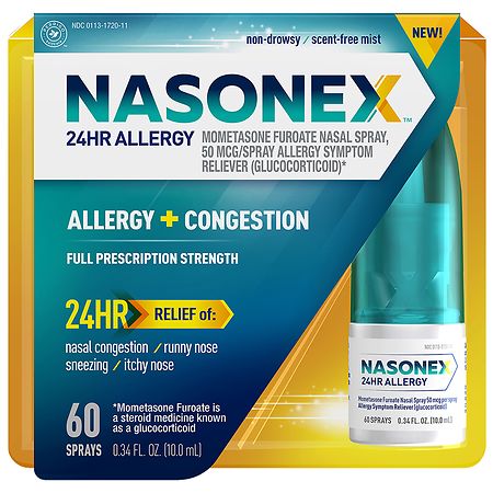 Nasonex 24HR Allergy Nasal Spray, Allergy + Congestion, Non-Drowsy Scent-Free, 60 Sprays