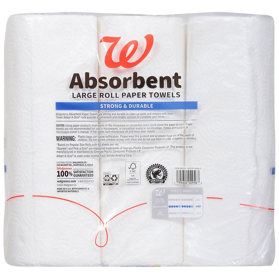 WalgreensAbsorbent Paper Towels 6 Rolls 86 Sheets per Roll 236.5 sq ft
