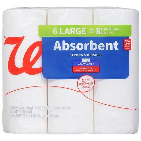 Walgreens Absorbent Paper Towels 6 Rolls, 86 Sheets per Roll, 236.5 sq ft