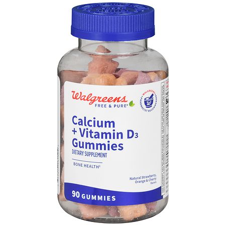 Walgreens Free & Pure Calcium + Vitamin D3 Gummies Natural Strawberry, Orange & Cherry