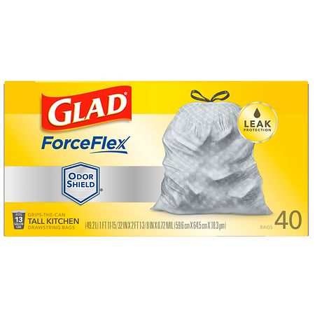 Glad® ForceFlexPlus OdorShield Tall Kitchen Drawstring Trash Bags, 13 gal,  0.9 mil, 24 x 28, White, 34 Bags/Box, 6 Boxes/Carton