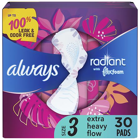 Always Radiant Feminine Pads For Women, Extra Heavy, with Wings Light Clean Scent, 3 (30 ct)