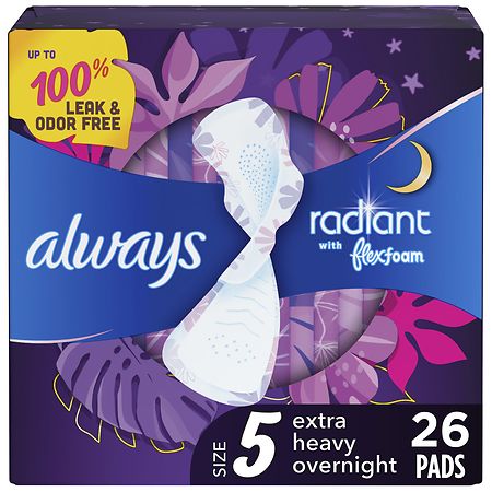 Always Radiant Overnight Feminine Pads For Women, Extra Heavy Nighttime, with Wings Light Clean Scent, 5 (26 ct)