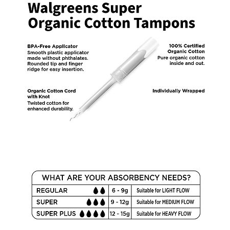Walgreens Organic Cotton Plastic Applicator Tampon Unscented, Super  Absorbency