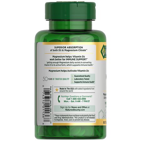 Nature's Bounty Advanced Vitamin D3 + Magnesium Citrate, Immune and Bone Supplement Tablets