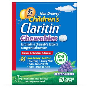 Image of Claritin Allergy Medicine for Kids  Loratadine Antihistamine Grape Chewable Tablets  60 Ct