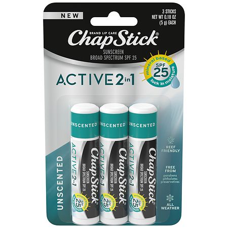 ChapStick Lip Balms Active 2-in-1 Unscented, Unscented